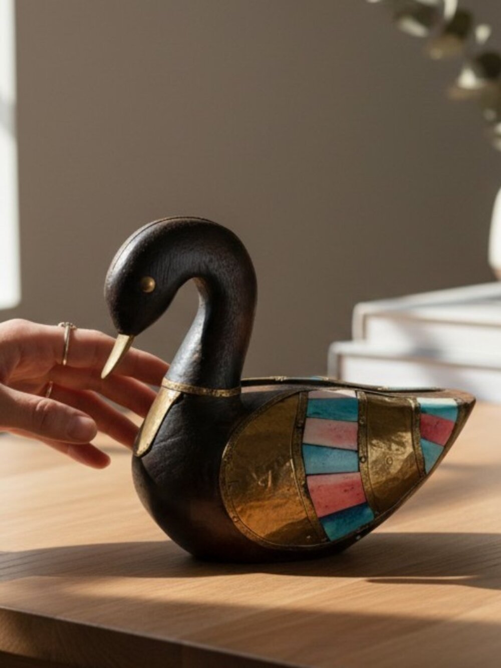 Vintage Wood Duck Sculpture Bone Inlay Brass Boho Decor